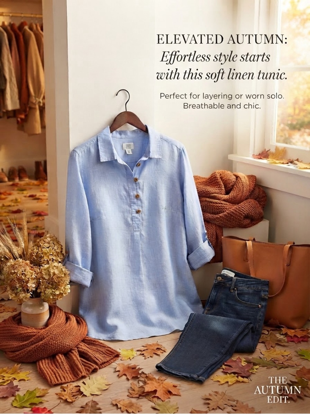 Sigrid Olsen Light Blue Linen Button-Placket Tunic